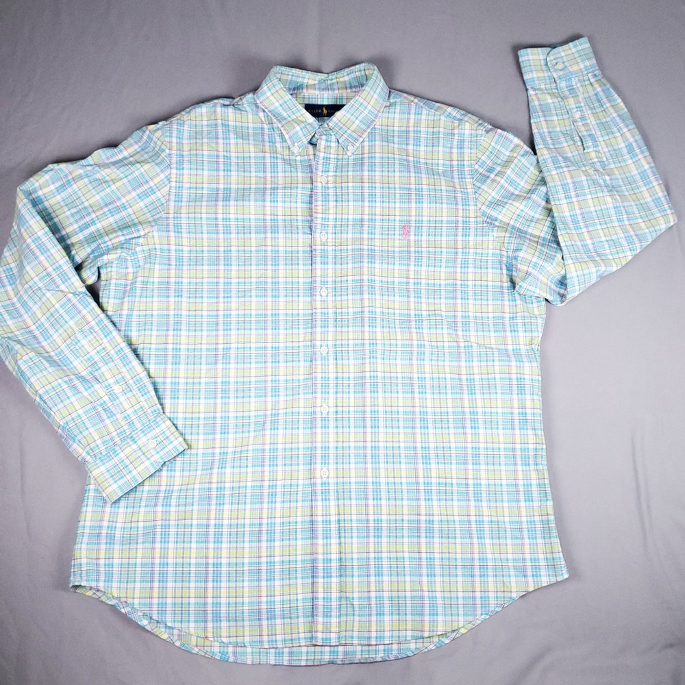 Ralph Lauren Button Down Shirt Mens XL Plaid Blue Green Yellow Pink Pony Logo
